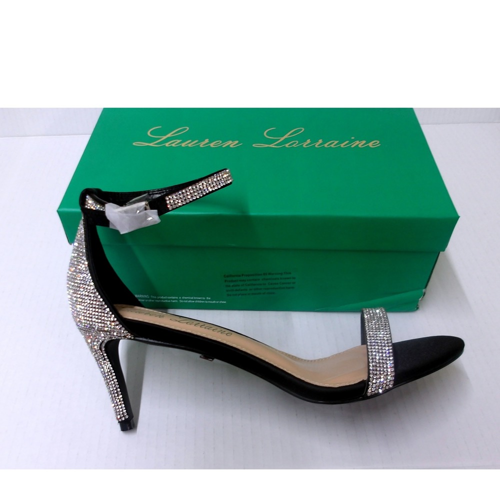 Lauren Lorraine Black Rhinestone Ankle Strap Stiletto Heels Shoes Sz 9.5 /#S1178